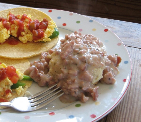 Southwestern burritos and sausage and gravy