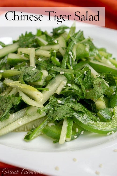 中国老虎沙拉——老虎菜——用黄瓜、香菜、青椒和芝麻油调味。