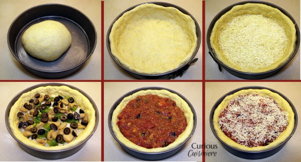 我们的素食深盘比萨带来的蔬菜和奶酪软结痂，芝加哥风格的深盘比萨。肉类爱好者不能否认这是一个史诗般的比萨！|好奇的烹饪G.ydF4y2Ba