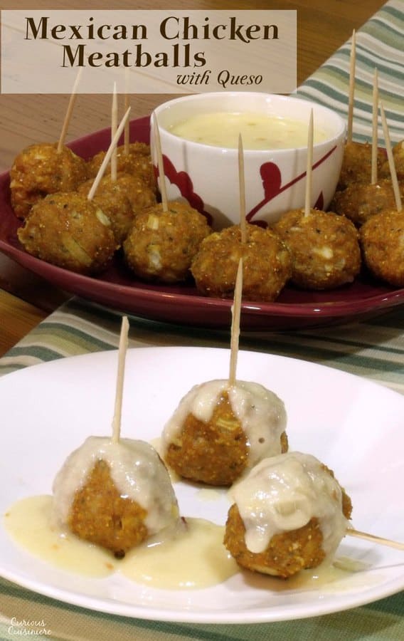 墨西哥辣味鸡肉丸是一种有趣的搭配。把这些鸡肉丸和一些辣的queso作为一个有趣和美味的开胃菜!| www.CuriousCuisiniere.comgydF4y2Ba